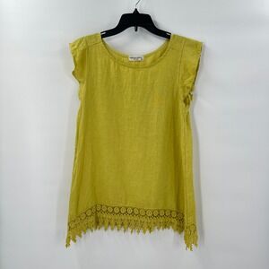 Terzo Millennio Linen Tunic Top Women Small Green Crochet Hem Boho Made in Italy